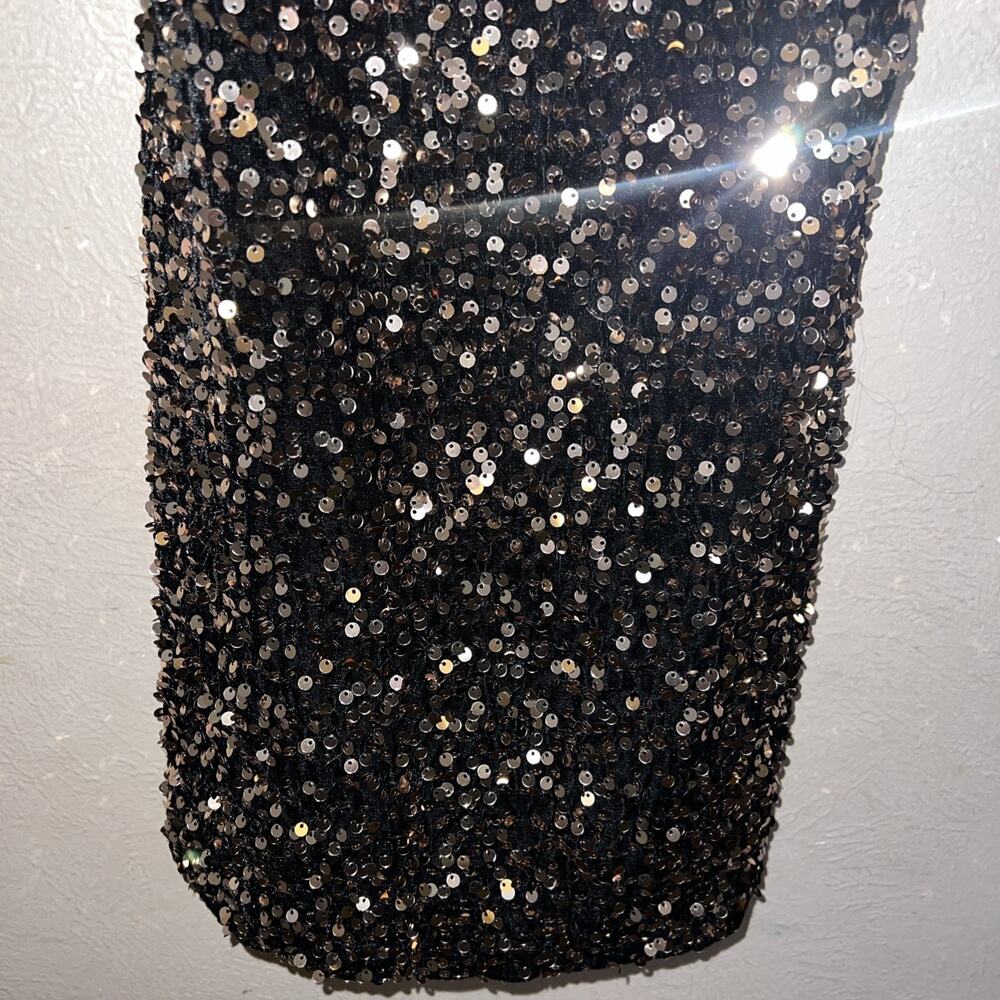 Crystal Sky Gold Sequin Mini Dress XS Black Metallic Spaghetti Strap Party Glam - Picture 4 of 14